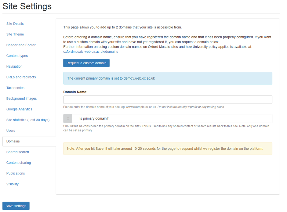 screenshot of the Domains section within Site Settings.