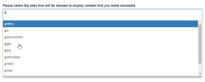 Select sites to share content with by typing the site name