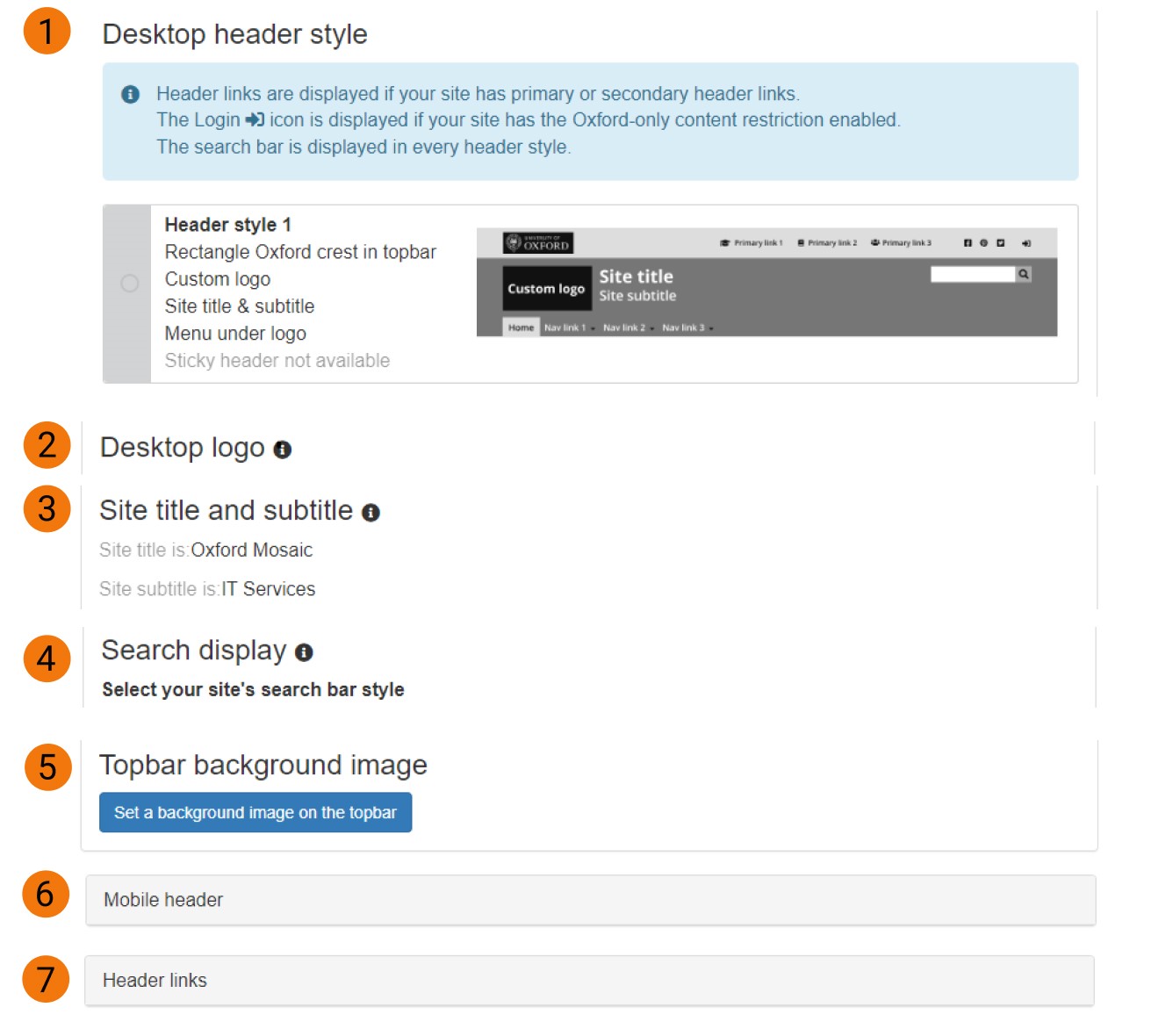 Screenshot of Site Settings header tab with seven labelled customisable options for desktop header 