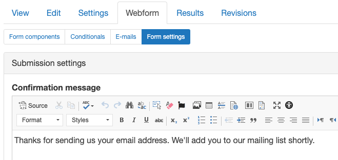 Screenshot of webform confirmation message field