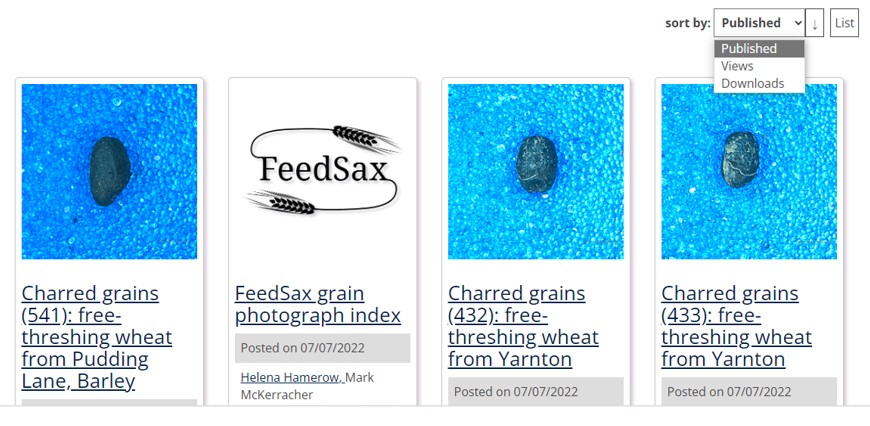 screenshot Feedsax four column embedded Figshare grid with sort options menu