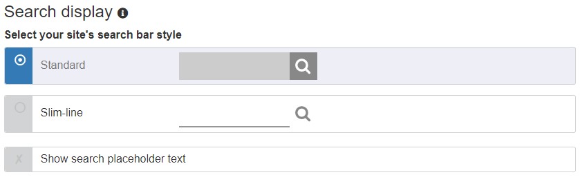 Screenshot of header site settings for search display options for standard or slimline and option to show placeholder text