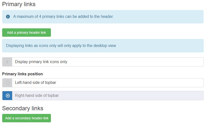 Screenshot for Header tab in Site Settings showing options to add primary and secondary links and placement of primary links