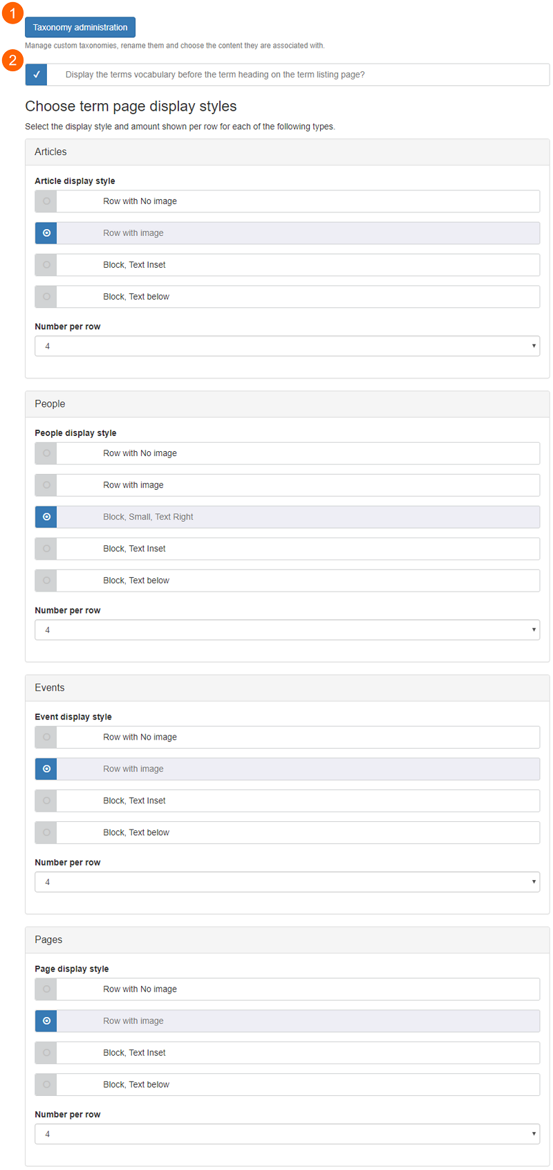 Taxonomies screen