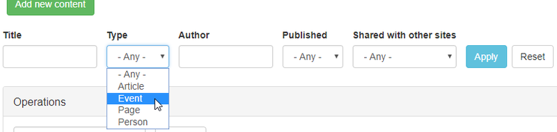 Manage Content > Content > Filter using content type