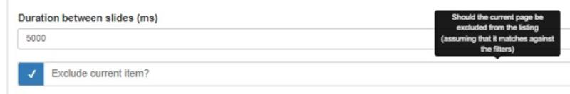 Edit widget filtered content option to exclude current item Screenshot of edit widget showing filtered content option checkbox to exclude current item