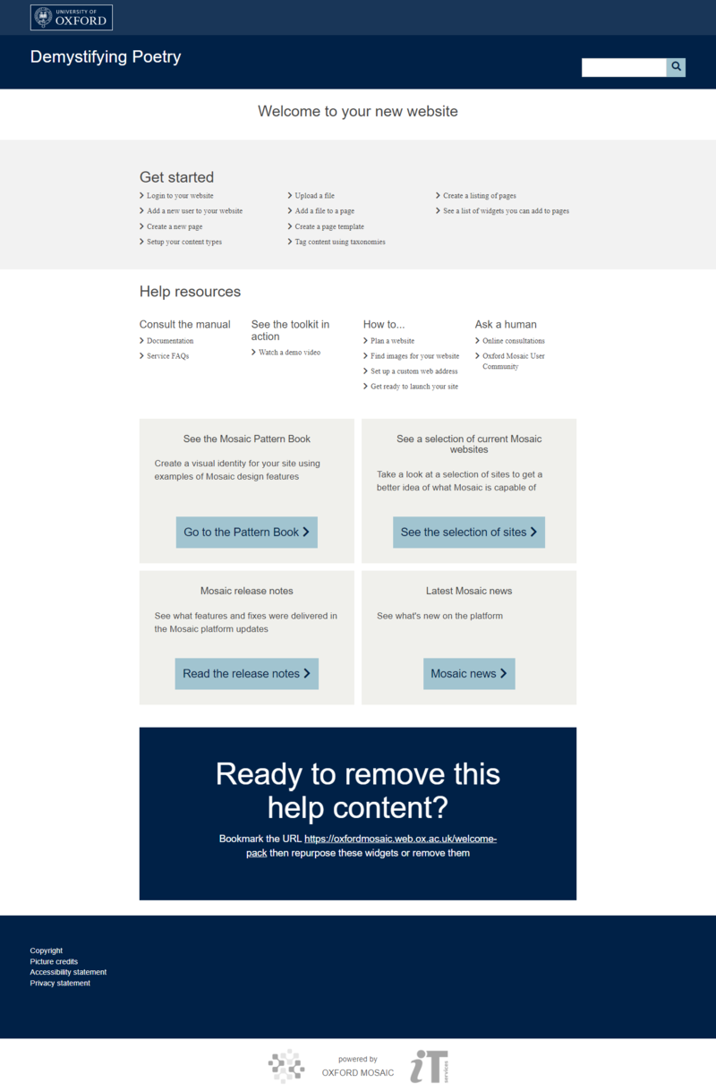 screenshot of new site welcome page