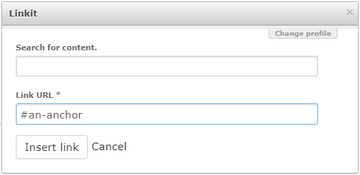 Entering an anchor ID into the Link URL field in the Linkit modal